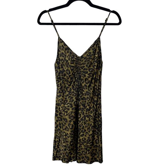 Zara XSmall XS Green Black Leopard Print Slip Mini Dress Cinched VNeck Animal - Picture 1 of 11